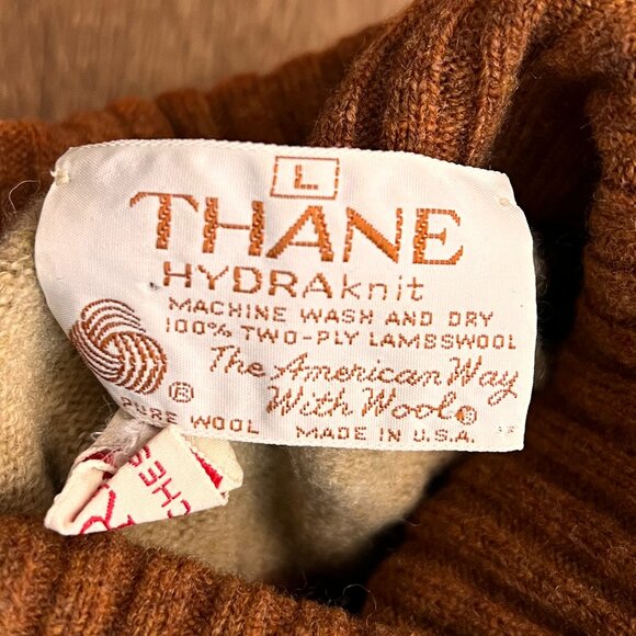 Vintage Thane 70s Brown Stripe Turtleneck Sweater 100% Lambswool Sz L - Picture 5 of 10